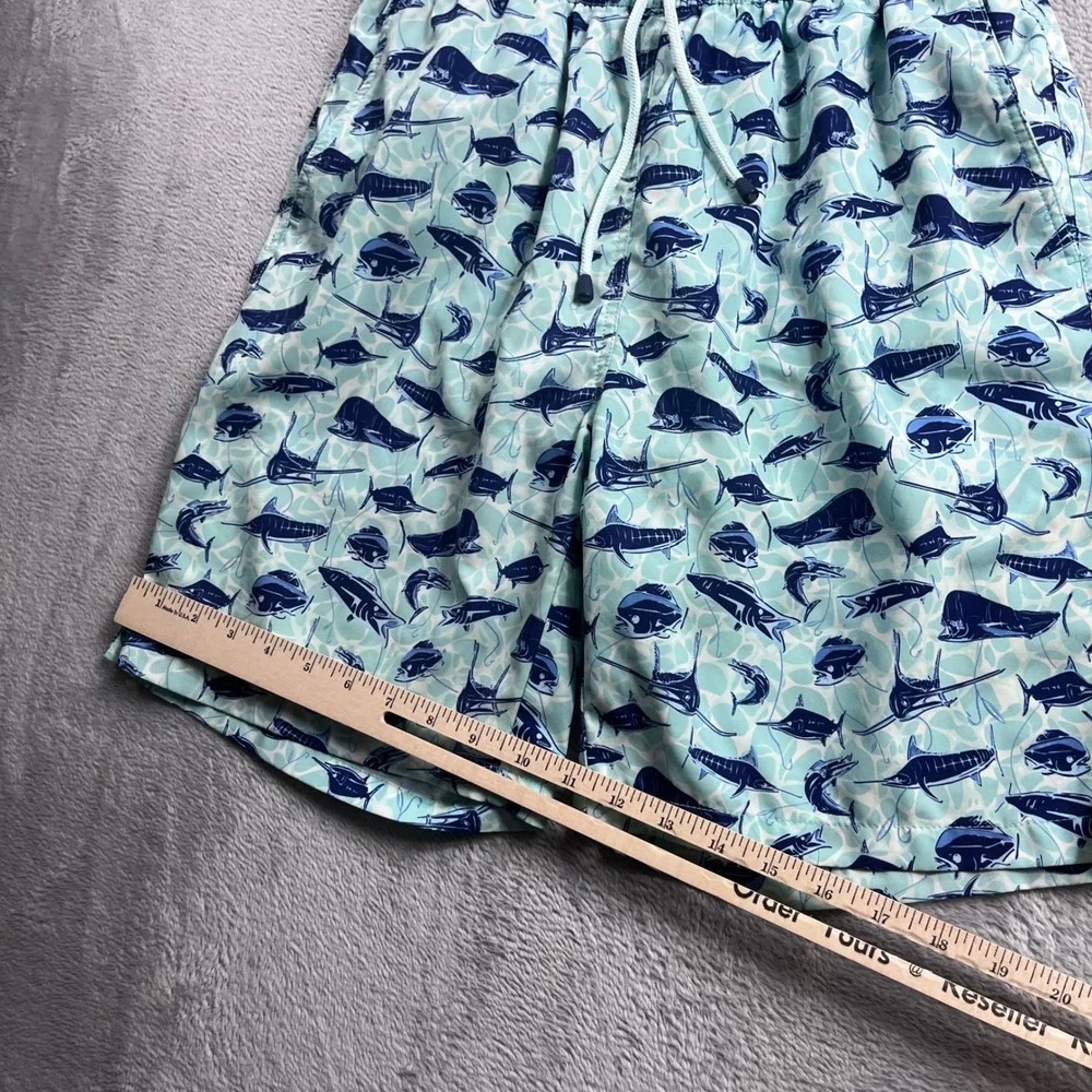 Peter Millar Seaside Mens Blue Teal Fish Print Swim Trunks Shorts Size M